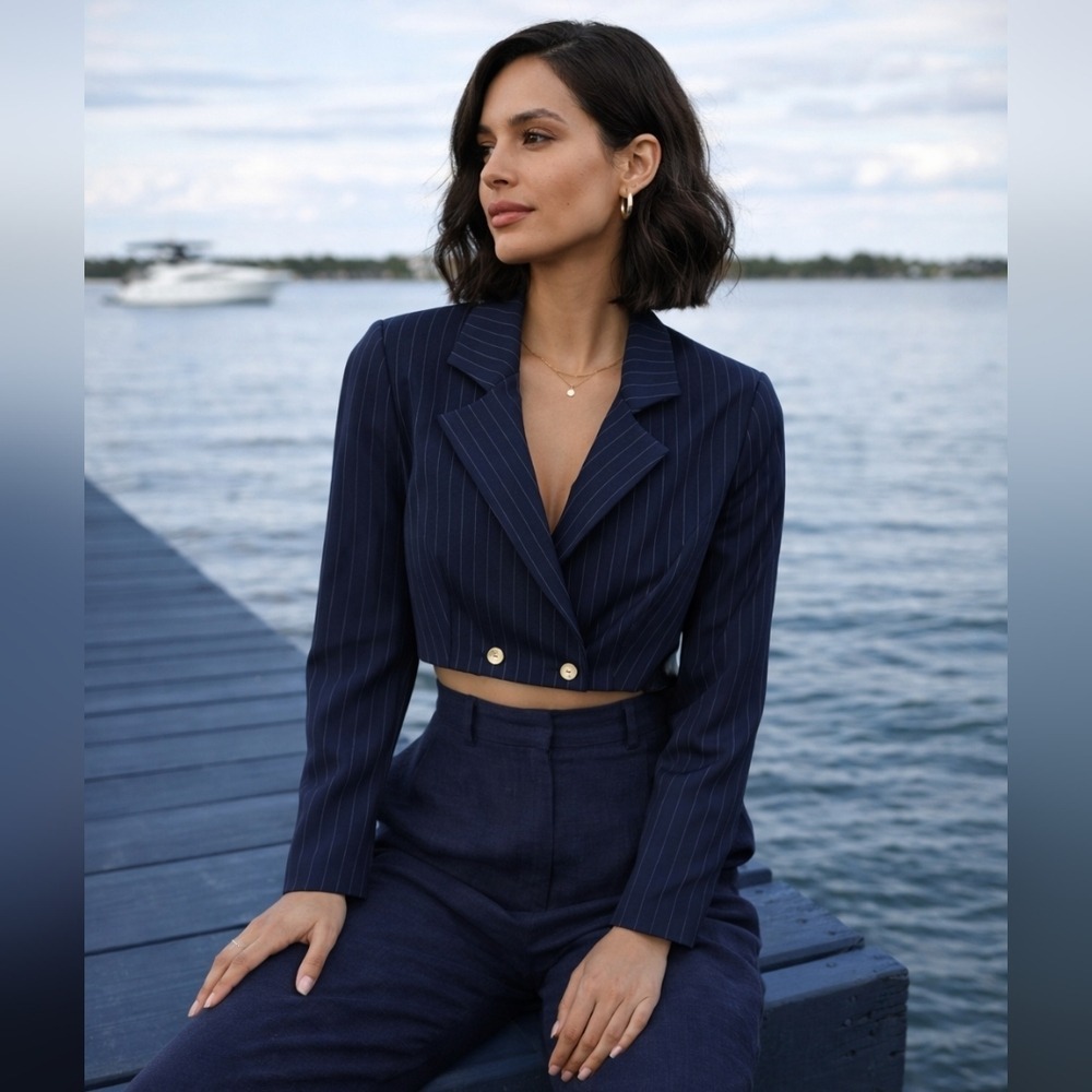 STAUD Navy Pinstripe Cropped Blazer Tailored Chic Minimalist Jacket Size 6